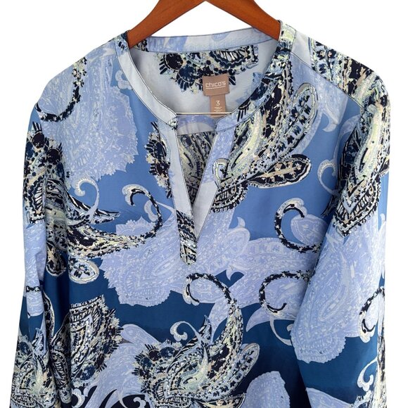 Chico's Blue Swirl Paisley Split V-Neck Tunic Blouse Top Sz 3 XL Long Sleeve - Picture 4 of 7